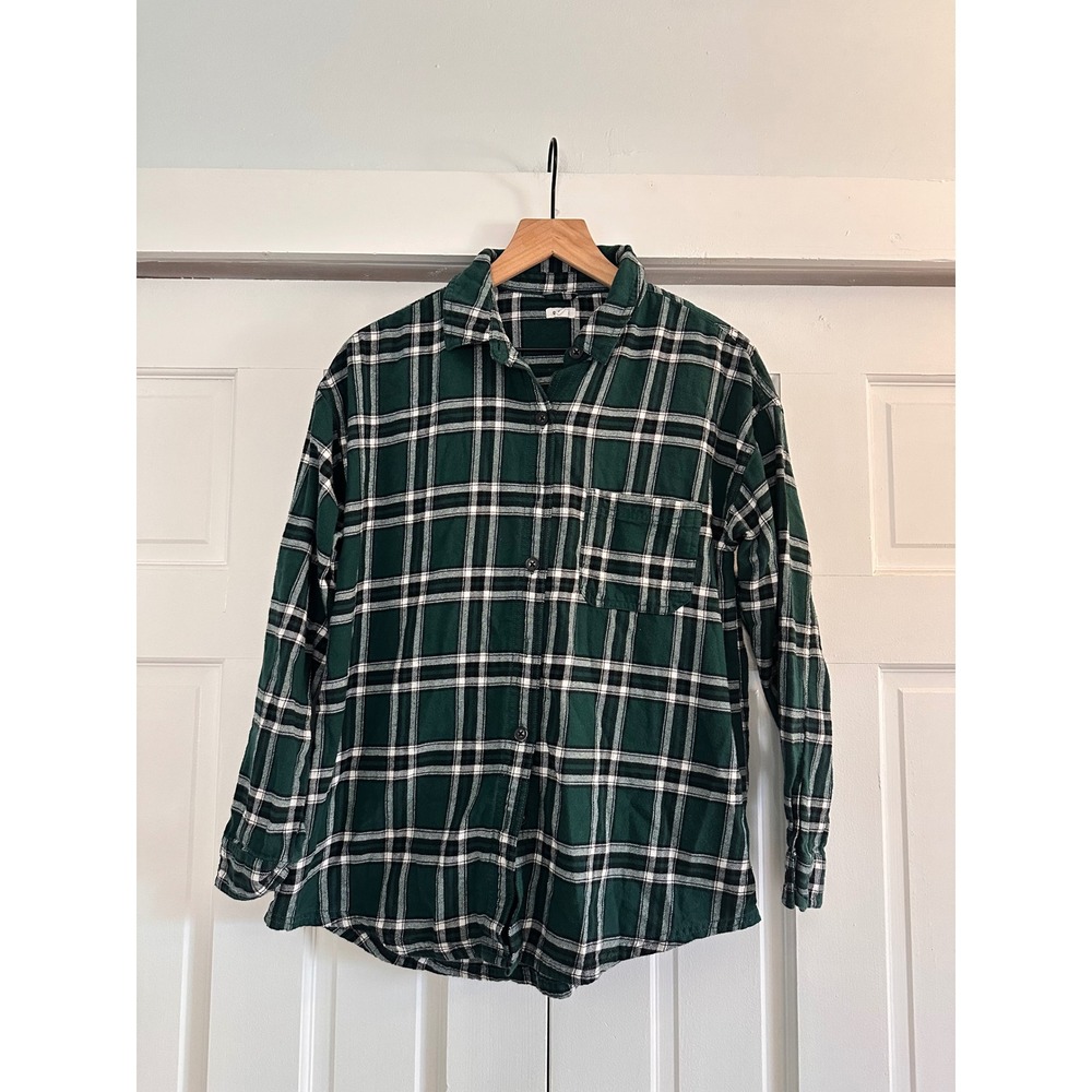 Garage Womens Green Plaid Flannel Button Down Shirt XS Forest Green Cotton